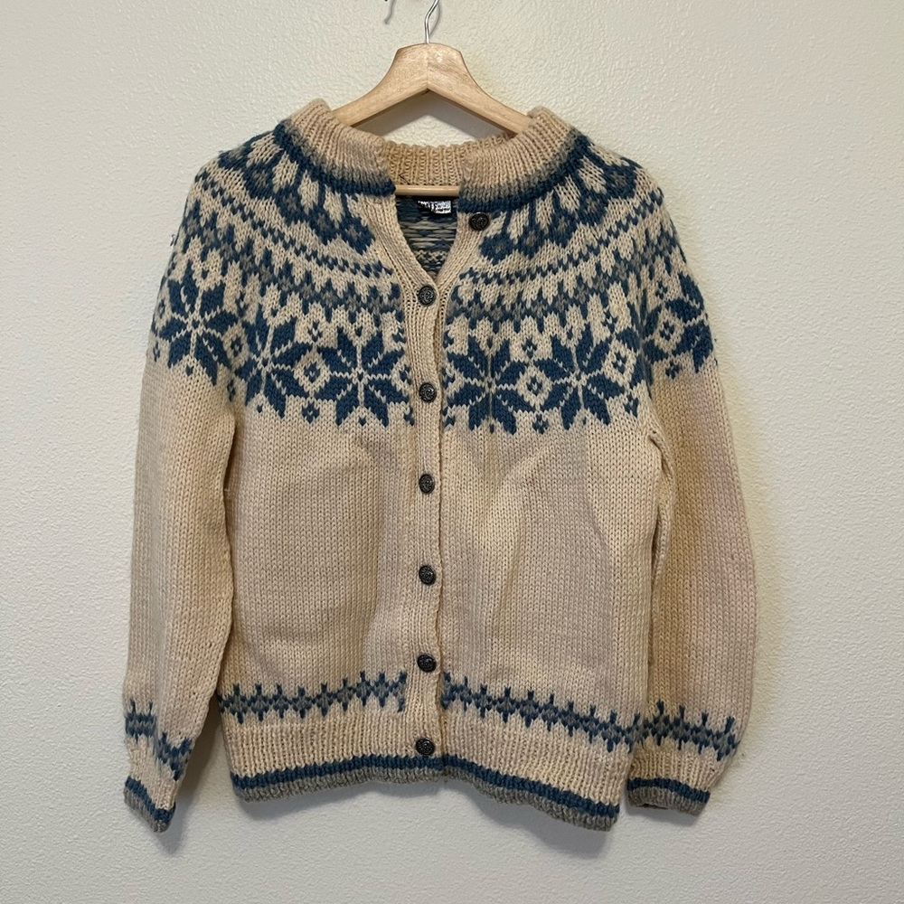 Dale of Norway Nordic Fair Isle Button Down Wool Cardigan Sweater Blue Cream